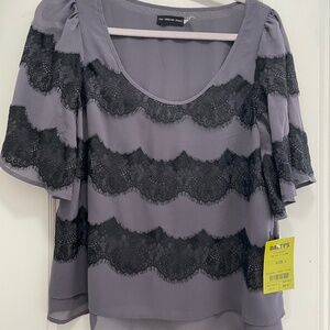NWT Women's Short Sleeve Layered Gray Top with Black Lace accents size L